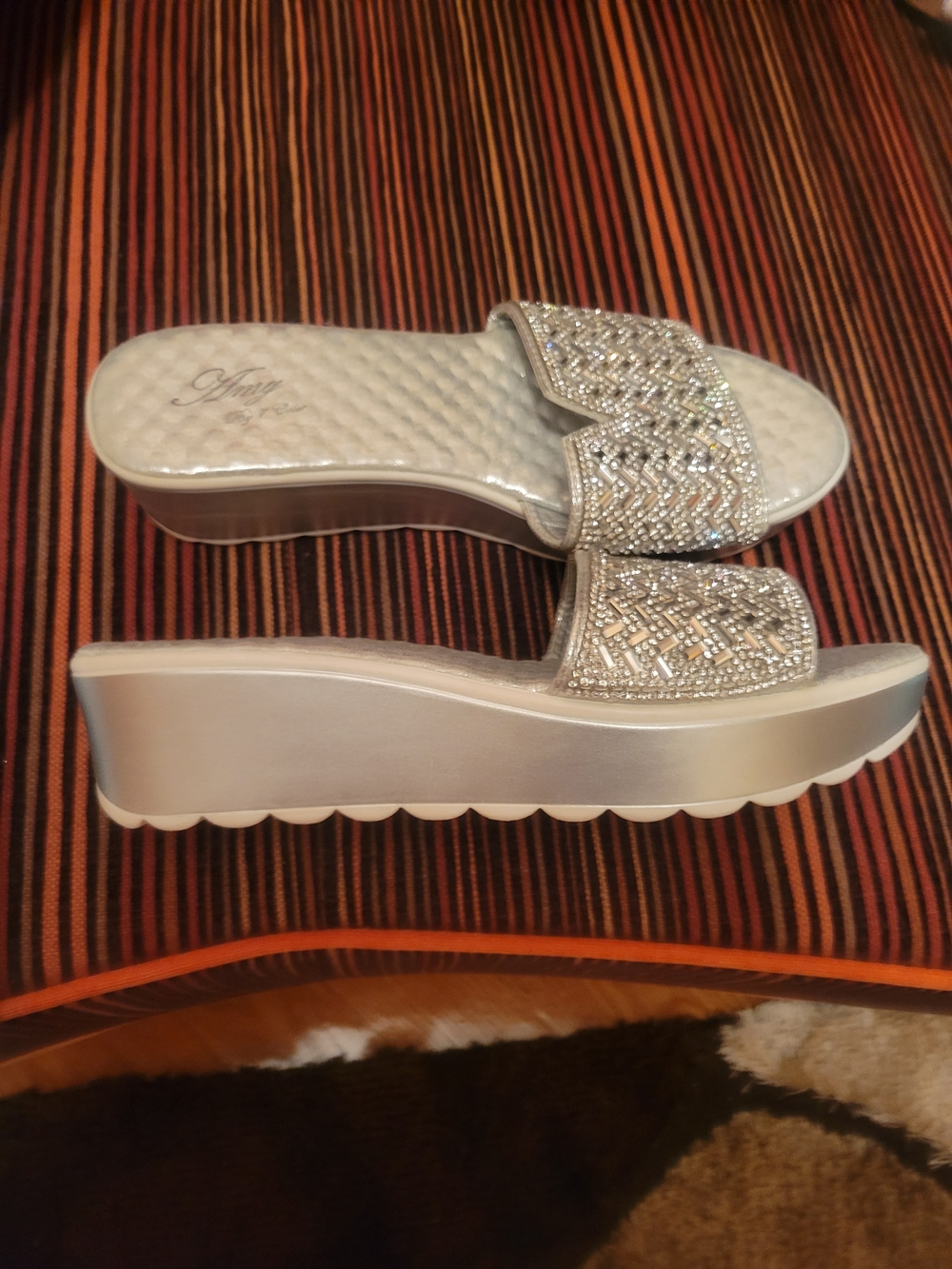 Embellished Silver Platform Slide Sandals for Women